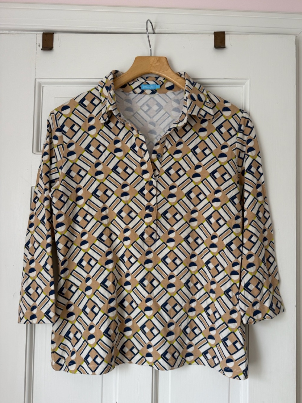 J. McLaughlin Lauderdale Geometric Popover Collar Top 3/4 Sleeve Size Large